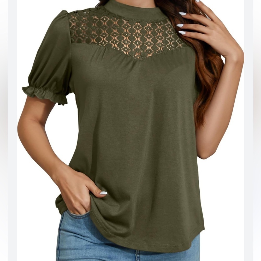 Green short puff sleeve blouse lace yoke xl stretch olive eyehole back NEW